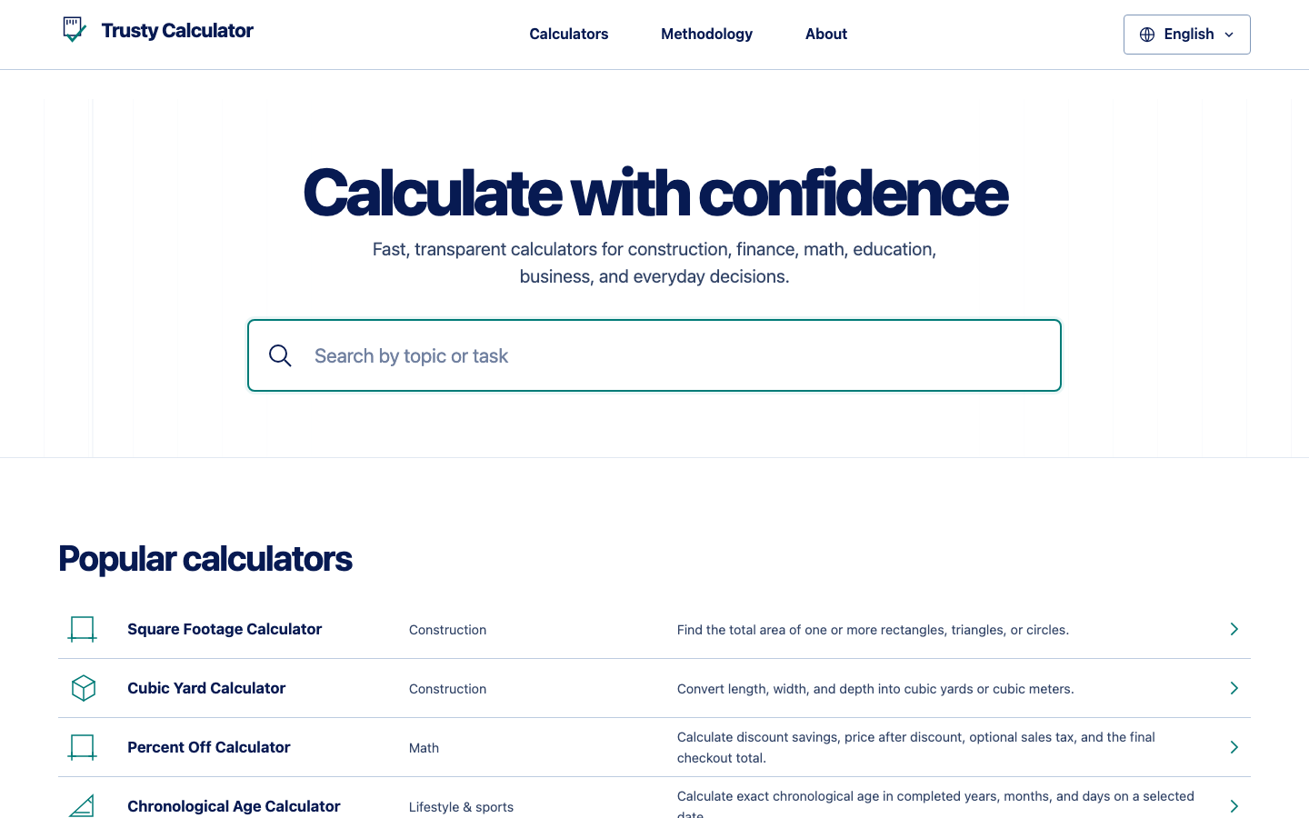 الصفحة الرئيسية لـ Trusty Calculator